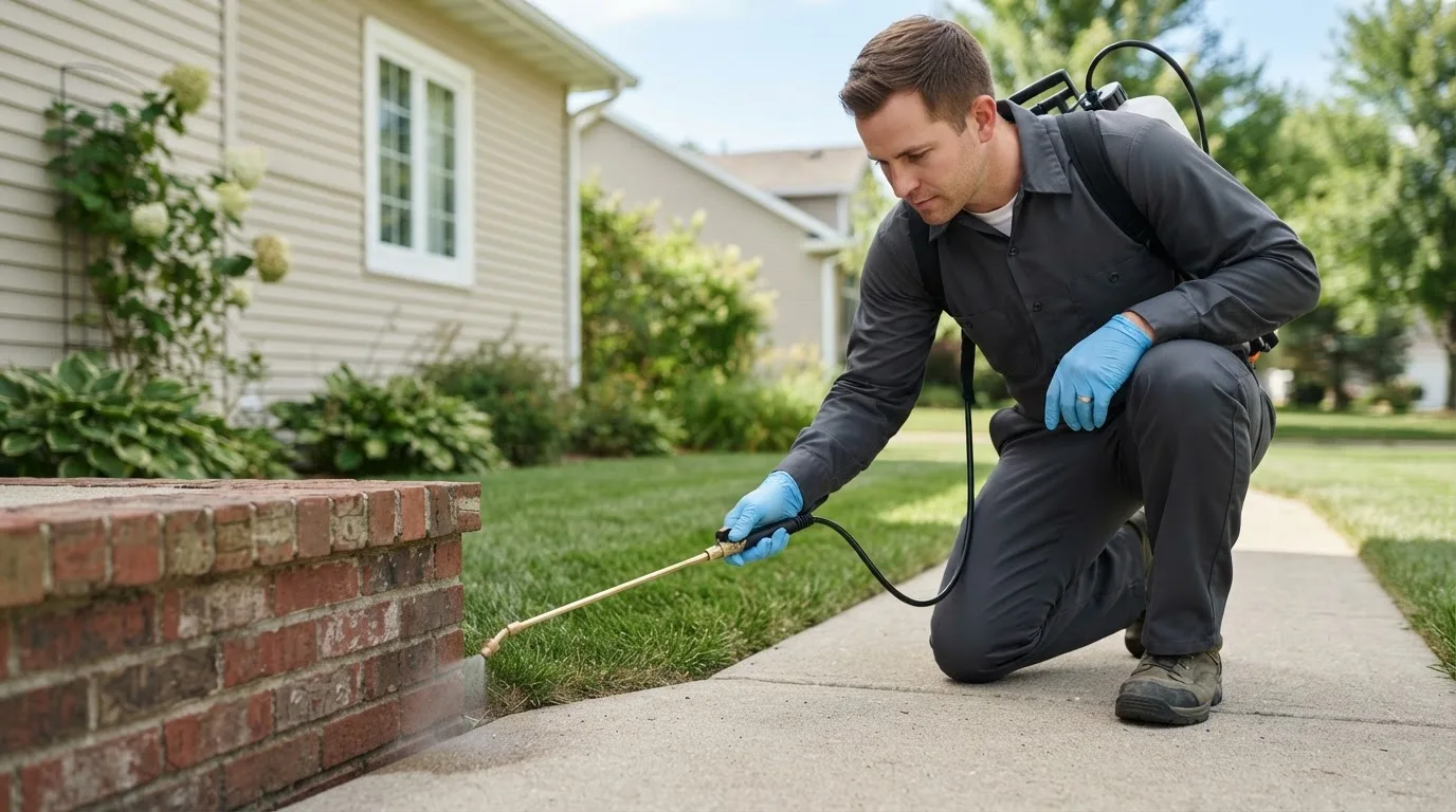 Pest control technician treating a home near Sanborn, IA