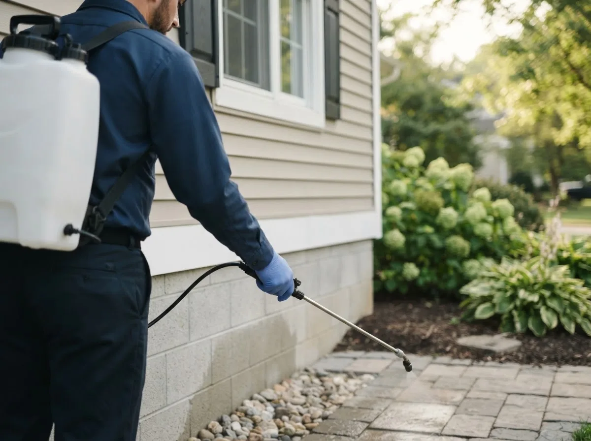 Pest control technician inspecting a home in Sanborn, IA